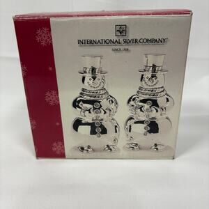 Vintage International Silver Snowman Salt & Pepper Shakers w. Box- Silver Plated